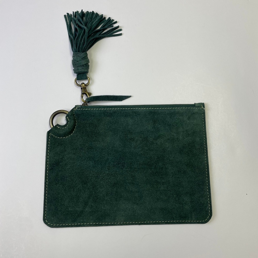 Mer-Sea Anthropologie Green Suede Leather Clutch Bag Zipper Pouch Tassel Boho